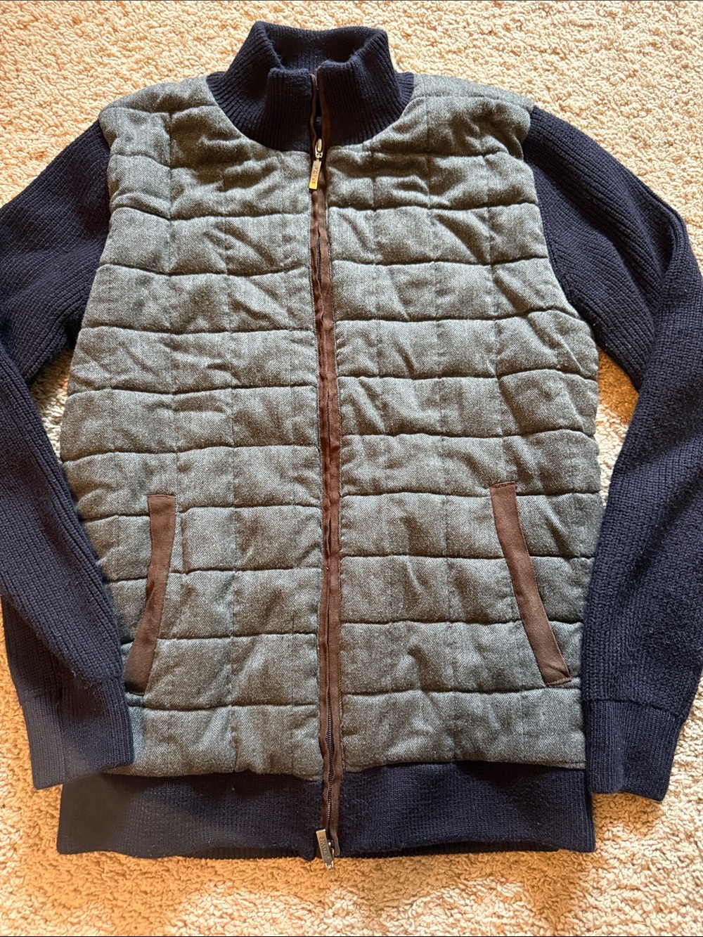 Spada Quilted Olive Green Front Zip Jacket with Navy Knit